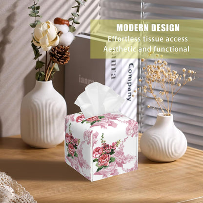 Leather Tissue Box Holder Watercolor Pink Rose Flower Tissue Box Cover Facial Paper Case Organizer Cube Napkin Dispenser for Bathroom Vanity Countertop Night Stand Office Car