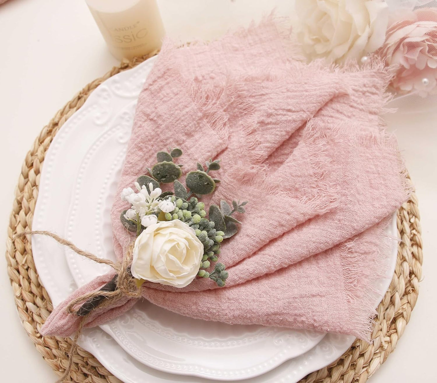 Cloth Napkins with Fringe Set of 12,100% Natural Soft Cotton, Easter Spring Washable Gauze Napkins for Wedding Decorative, Dinner Parties, Valentine's Day, Dusty Pink