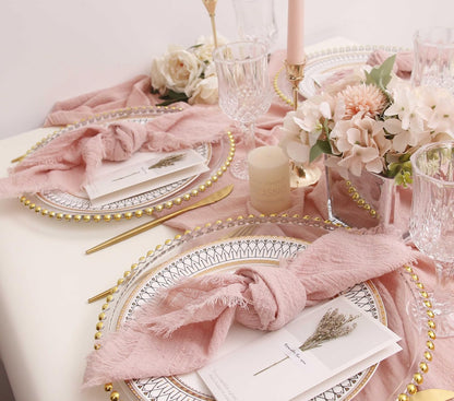 Cloth Napkins with Fringe Set of 12,100% Natural Soft Cotton, Easter Spring Washable Gauze Napkins for Wedding Decorative, Dinner Parties, Valentine's Day, Dusty Pink