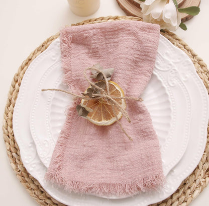 Cloth Napkins with Fringe Set of 12,100% Natural Soft Cotton, Easter Spring Washable Gauze Napkins for Wedding Decorative, Dinner Parties, Valentine's Day, Dusty Pink