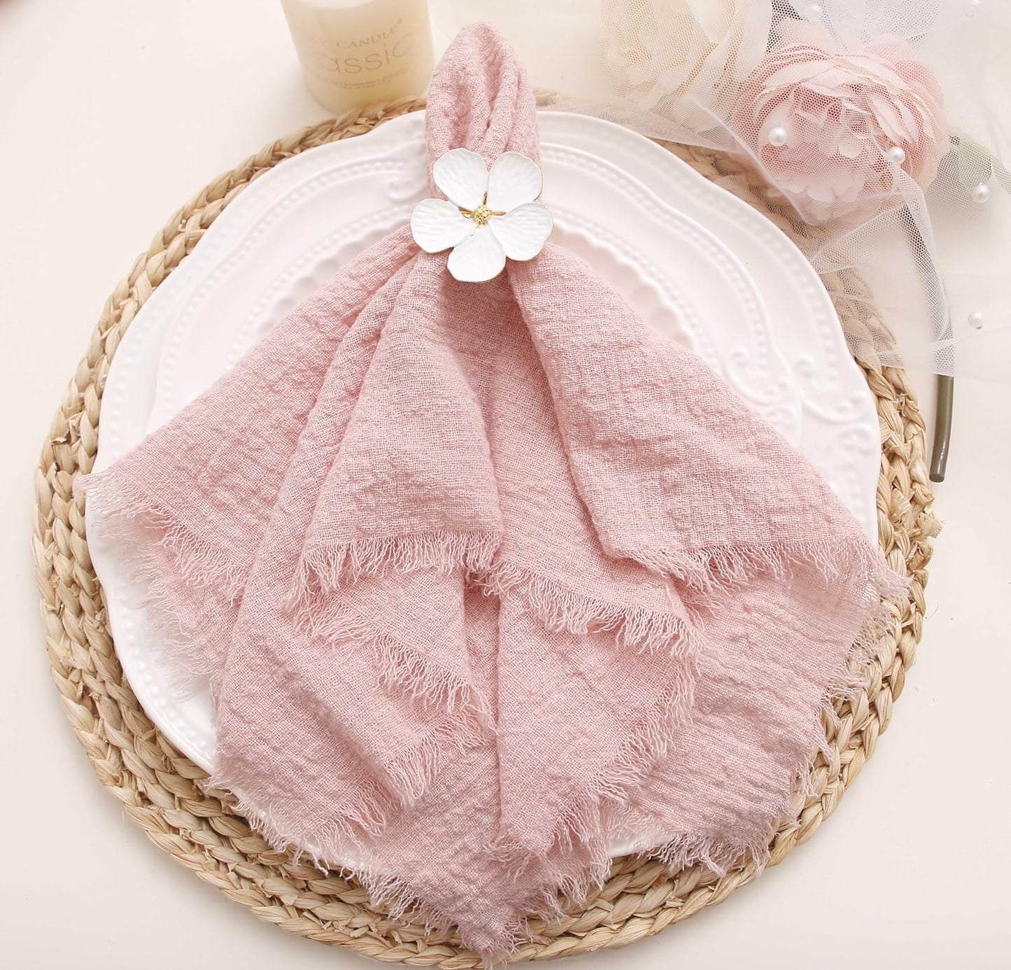 Cloth Napkins with Fringe Set of 12,100% Natural Soft Cotton, Easter Spring Washable Gauze Napkins for Wedding Decorative, Dinner Parties, Valentine's Day, Dusty Pink