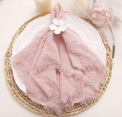 Cloth Napkins with Fringe Set of 12,100% Natural Soft Cotton, Easter Spring Washable Gauze Napkins for Wedding Decorative, Dinner Parties, Valentine's Day, Dusty Pink