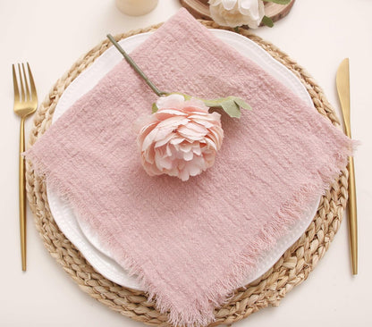 Cloth Napkins with Fringe Set of 12,100% Natural Soft Cotton, Easter Spring Washable Gauze Napkins for Wedding Decorative, Dinner Parties, Valentine's Day, Dusty Pink