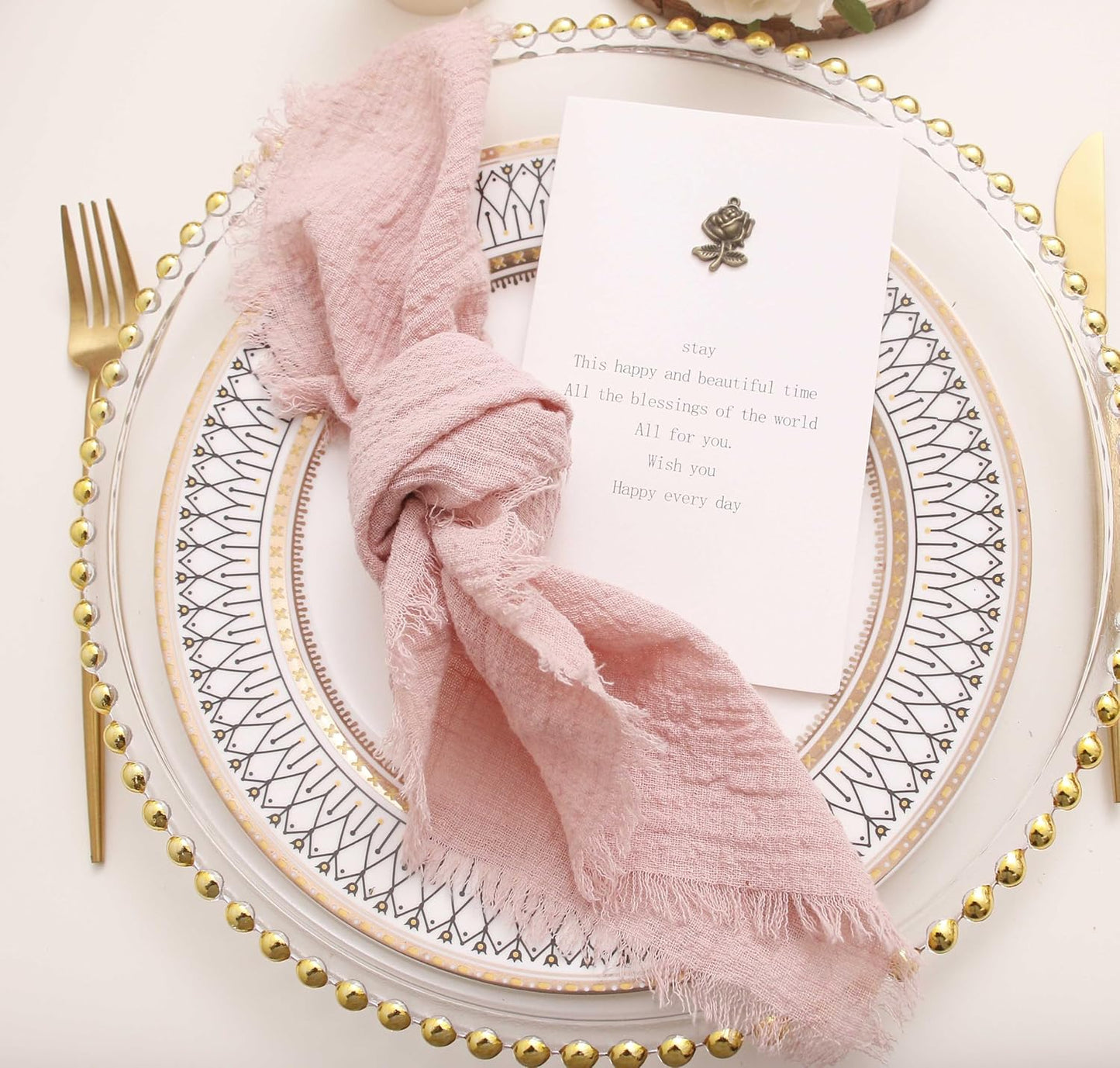 Cloth Napkins with Fringe Set of 12,100% Natural Soft Cotton, Easter Spring Washable Gauze Napkins for Wedding Decorative, Dinner Parties, Valentine's Day, Dusty Pink