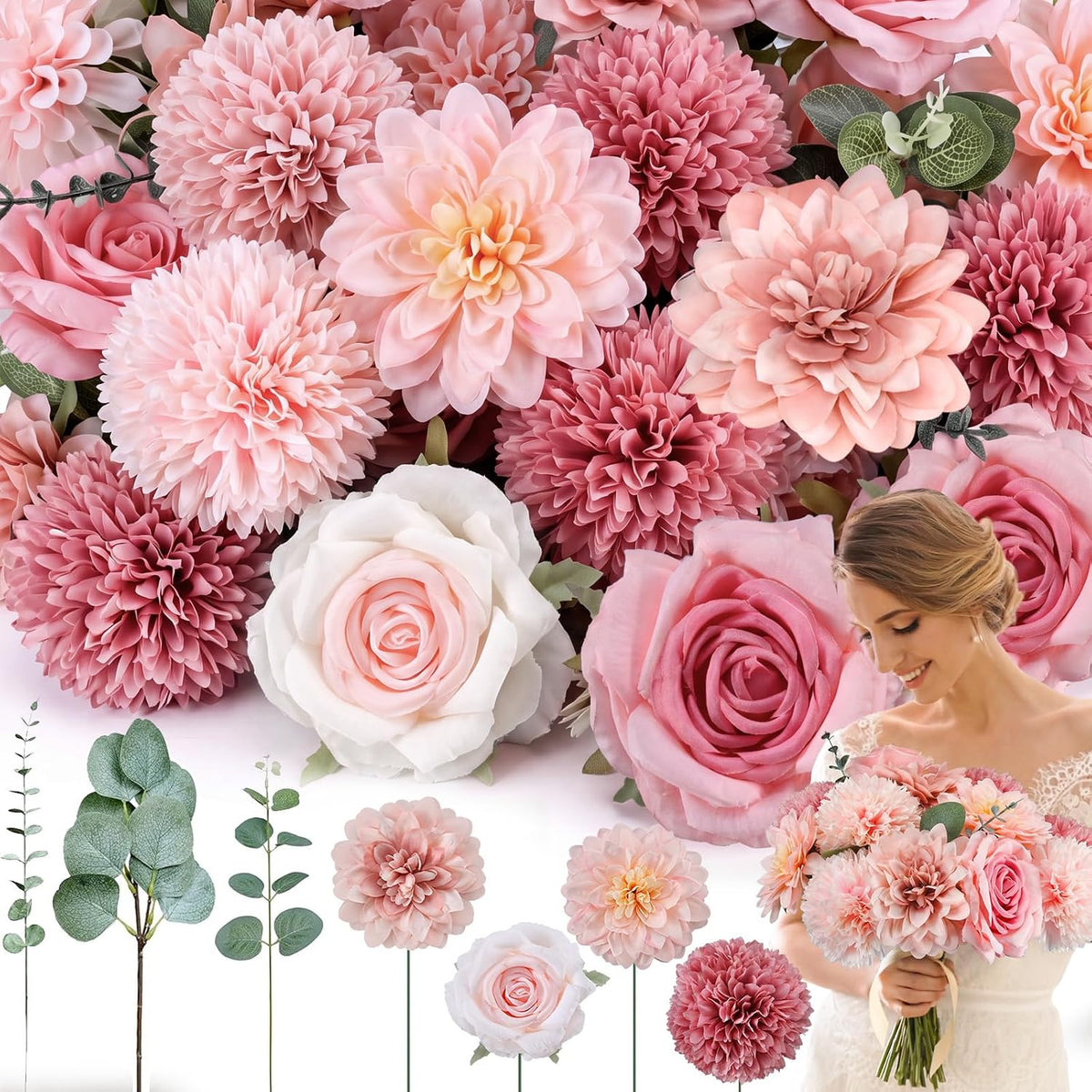 50 Pcs Fake Silk Flowers with Stem Eucalyptus Leaves, Pink