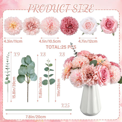 50 Pcs Fake Silk Flowers with Stem Eucalyptus Leaves, Pink