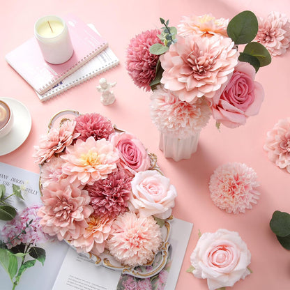 50 Pcs Fake Silk Flowers with Stem Eucalyptus Leaves, Pink