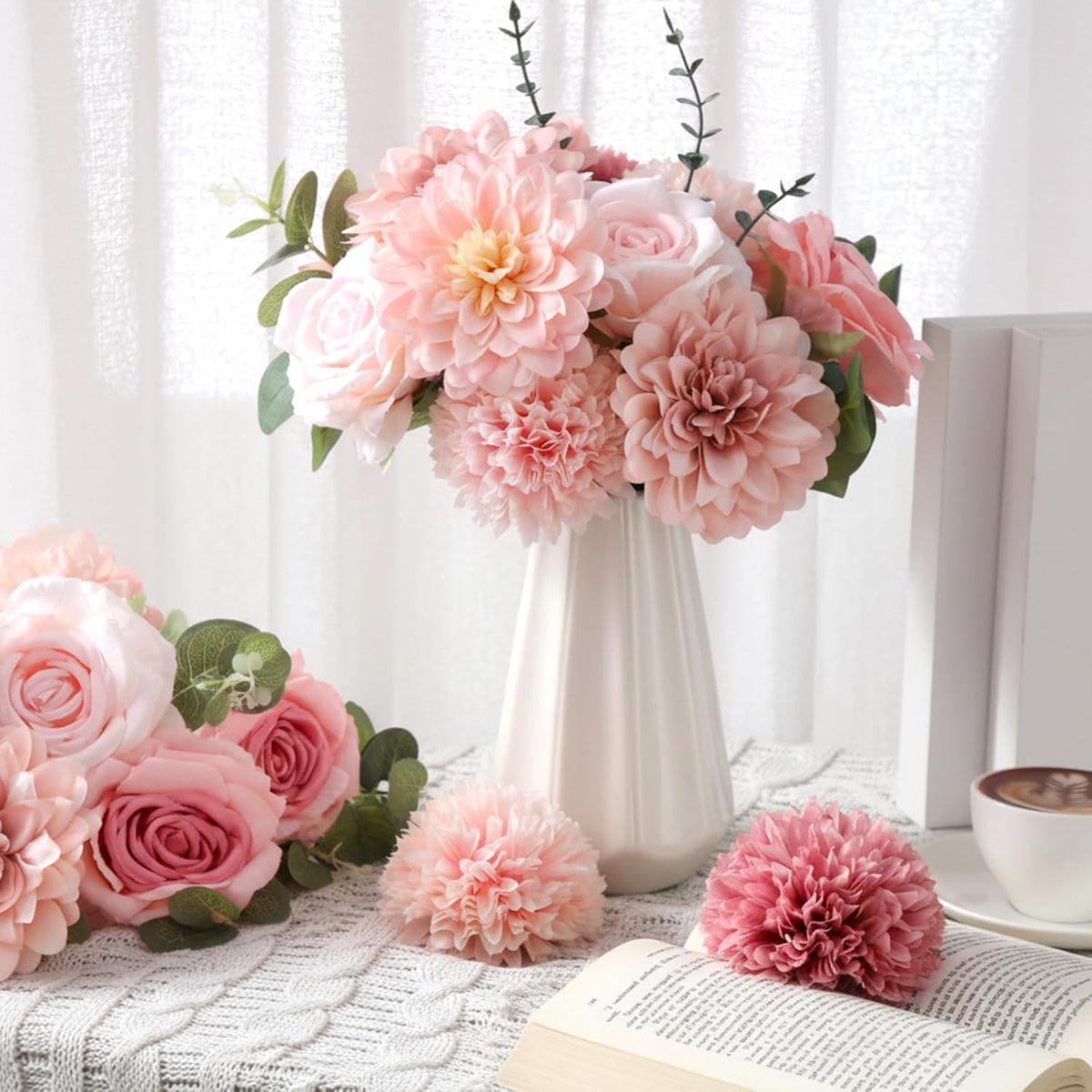 50 Pcs Fake Silk Flowers with Stem Eucalyptus Leaves, Pink