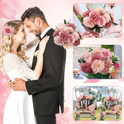 50 Pcs Fake Silk Flowers with Stem Eucalyptus Leaves, Pink