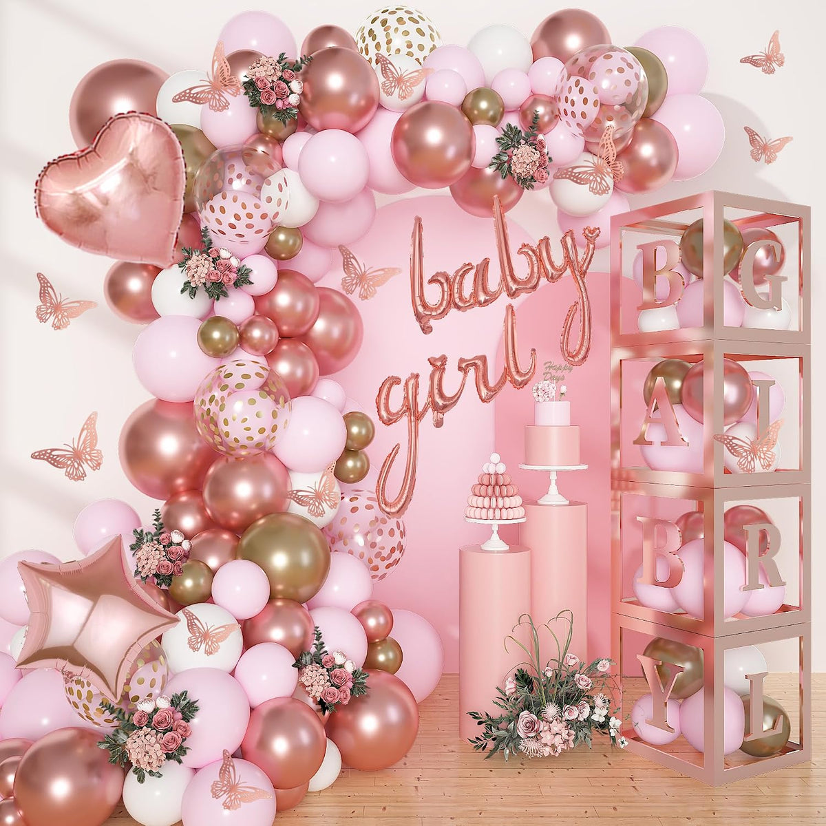 134pcs Rose Gold Balloons Baby Box with Letter (A-Z+Baby) for Girl
