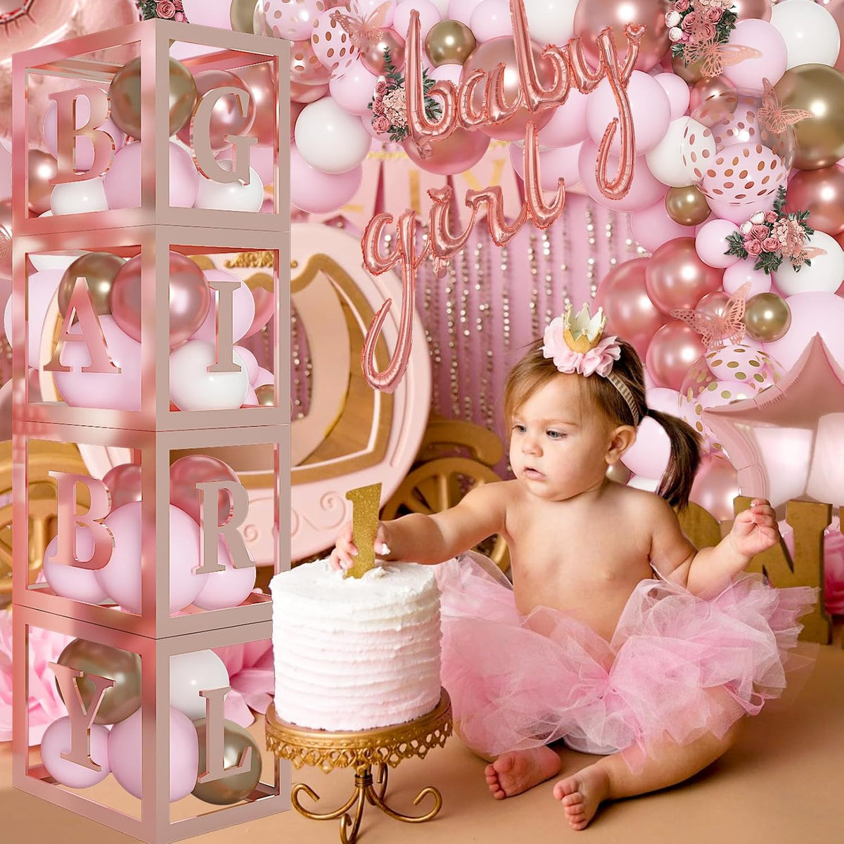 134pcs Rose Gold Balloons Baby Box with Letter (A-Z+Baby) for Girl
