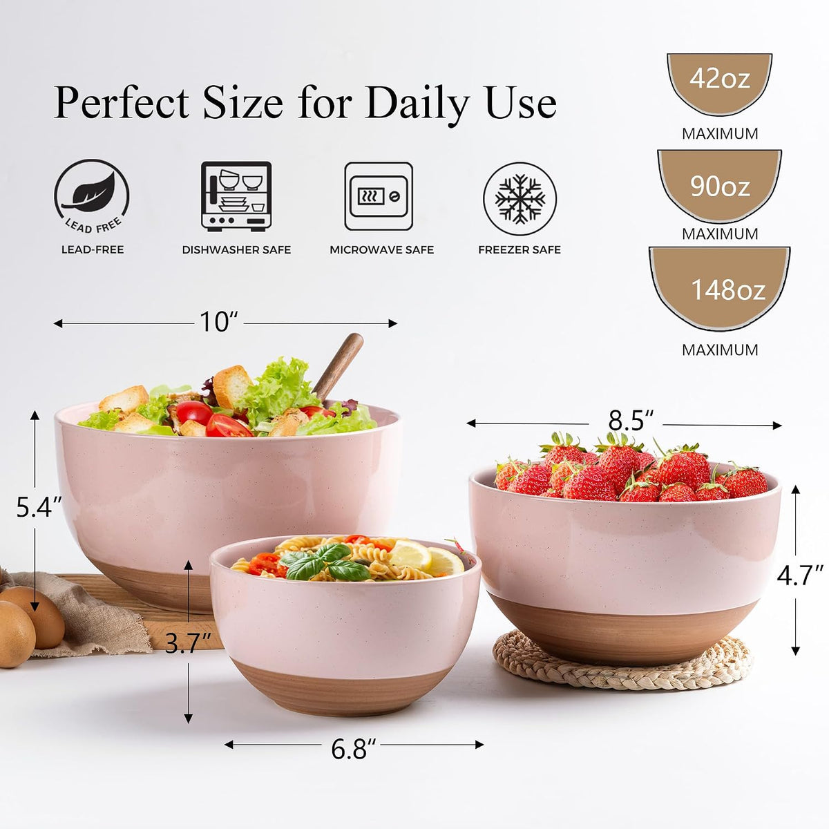 Ceramic Mixing Bowls,Stoneware Nesting Bowls Set of 3 for Kitchen