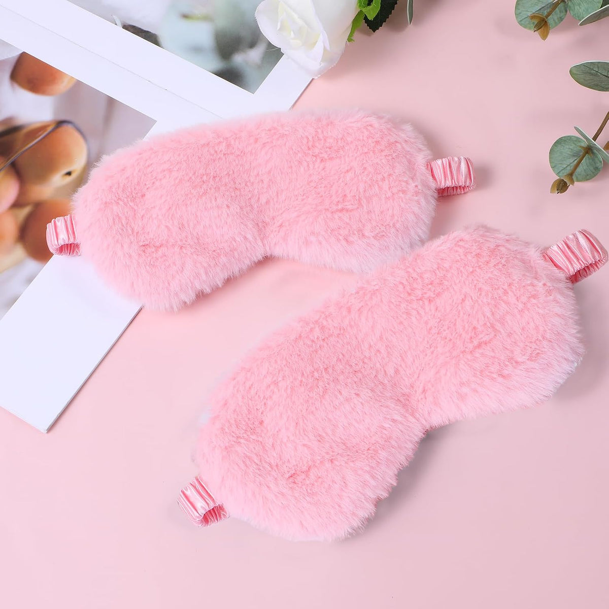 2 Pcs Plush Eye Mask Soft Sleeping Blindfold Eye Cover Comfortable Furry Faux Fur Sleeping Mask Satin Nap Night Eyeshade Cover for Women Men Gift (Pink)