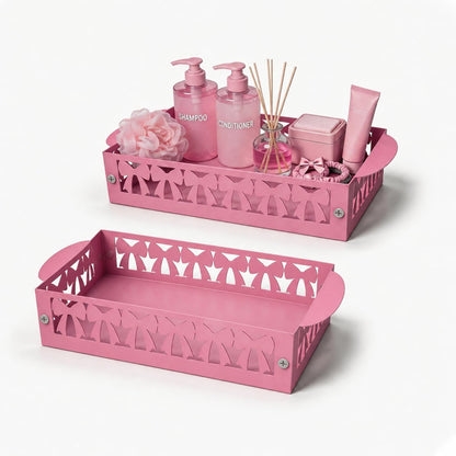 Pink Bow Toilet Paper Basket Set of 2 Metal Bathroom Organizer Pink Bathroom Decor Cute Toilet Paper Holder Coquette Bathroom Accessories Feminine Toilet Basket for Vanity Counter Shelf