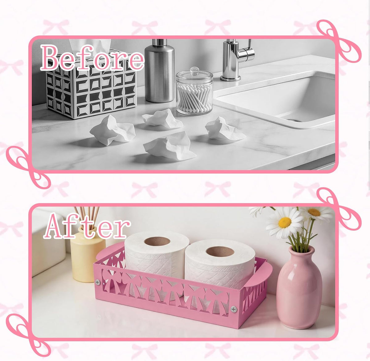 Pink Bow Toilet Paper Basket Set of 2 Metal Bathroom Organizer Pink Bathroom Decor Cute Toilet Paper Holder Coquette Bathroom Accessories Feminine Toilet Basket for Vanity Counter Shelf