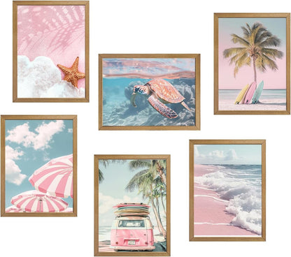 6 Pcs Pink Beach Wall Art Posters Beachy Coastal Scene Canvas Prints with Palm Trees Surfboards Paintings 12x16 In Unframed Summer Surf Wall Decor for Bedroom Sea View RoomLiving Room