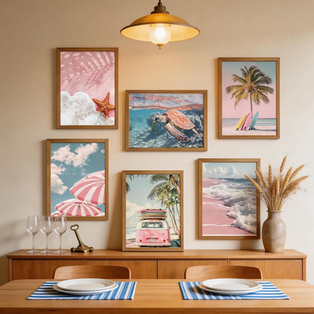 6 Pcs Pink Beach Wall Art Posters Beachy Coastal Scene Canvas Prints with Palm Trees Surfboards Paintings 12x16 In Unframed Summer Surf Wall Decor for Bedroom Sea View RoomLiving Room
