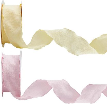 2 Rolls 20 Yards 1.5 Inch Ruffle Edge Ribbon Yellow Pink Double Ruffled Pleated Chiffon Silk Polyester Gathered Fabric Satin Ribbons Trim for Sewing Making Crafts Gift Wrapping Christmas DIY