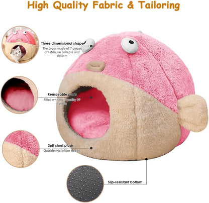 Cat Beds for Indoor Cats-Cat Bed Cave,Cute Lively Pufferfish Shape,Pink M