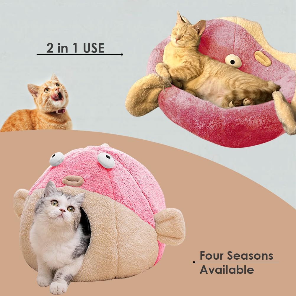 Cat Beds for Indoor Cats-Cat Bed Cave,Cute Lively Pufferfish Shape,Pink M