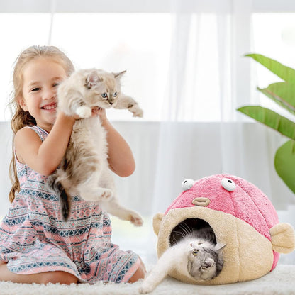 Cat Beds for Indoor Cats-Cat Bed Cave,Cute Lively Pufferfish Shape,Pink M
