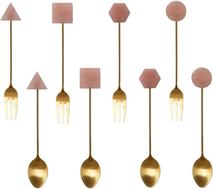 (8 Pieces) Acrylic Decoration Stainless Steel Coffee Spoon Dessert Cake Milk Tea Fruit Fork Stirring Small Fork Spoon Long Fork Spoon (Pink,12.8 cm / 5.03 in)