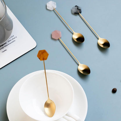 (8 Pieces) Acrylic Decoration Stainless Steel Coffee Spoon Dessert Cake Milk Tea Fruit Fork Stirring Small Fork Spoon Long Fork Spoon (Pink,12.8 cm / 5.03 in)