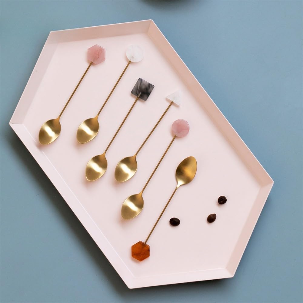 (8 Pieces) Acrylic Decoration Stainless Steel Coffee Spoon Dessert Cake Milk Tea Fruit Fork Stirring Small Fork Spoon Long Fork Spoon (Pink,12.8 cm / 5.03 in)