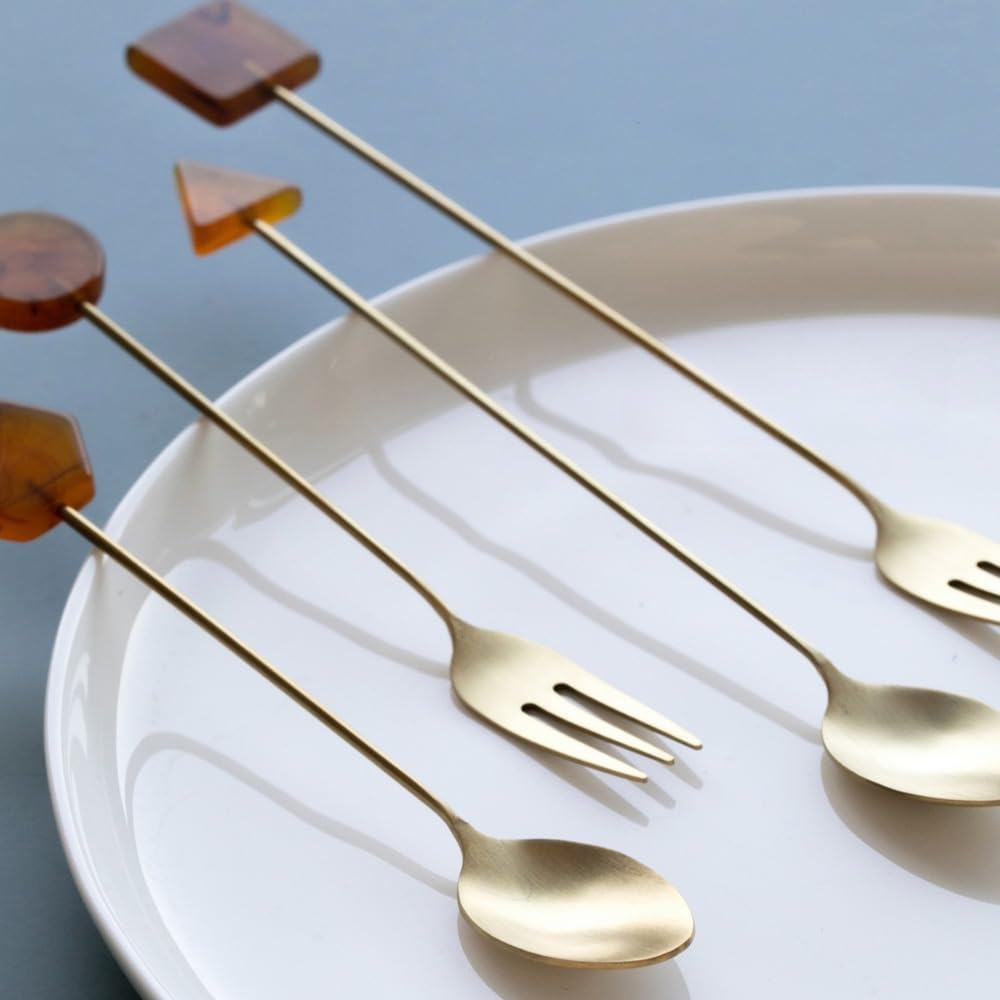 (8 Pieces) Acrylic Decoration Stainless Steel Coffee Spoon Dessert Cake Milk Tea Fruit Fork Stirring Small Fork Spoon Long Fork Spoon (Pink,12.8 cm / 5.03 in)