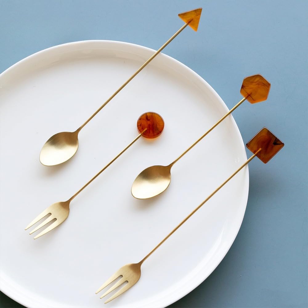 (8 Pieces) Acrylic Decoration Stainless Steel Coffee Spoon Dessert Cake Milk Tea Fruit Fork Stirring Small Fork Spoon Long Fork Spoon (Pink,12.8 cm / 5.03 in)