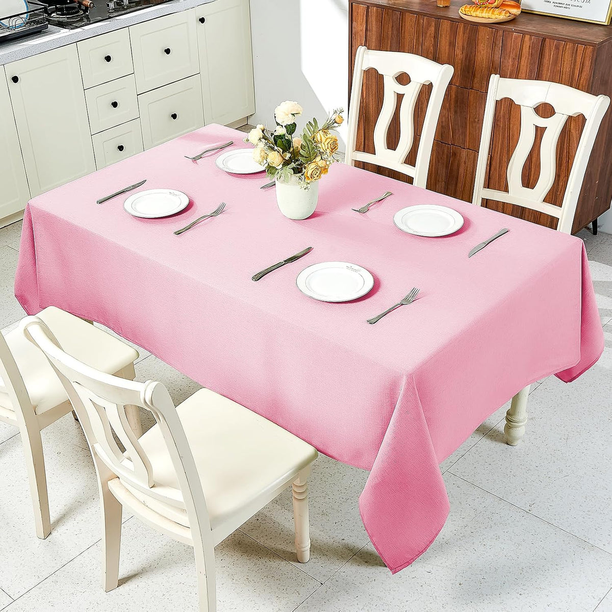 Textured Linen Rectangle Table Cloth, Light Pink, 52 x 70 Inch