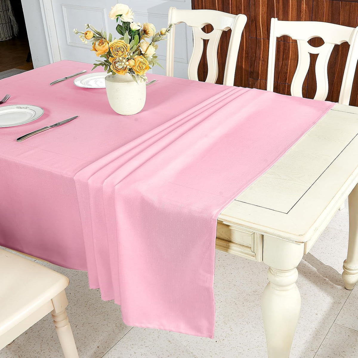 Textured Linen Rectangle Table Cloth, Light Pink, 52 x 70 Inch