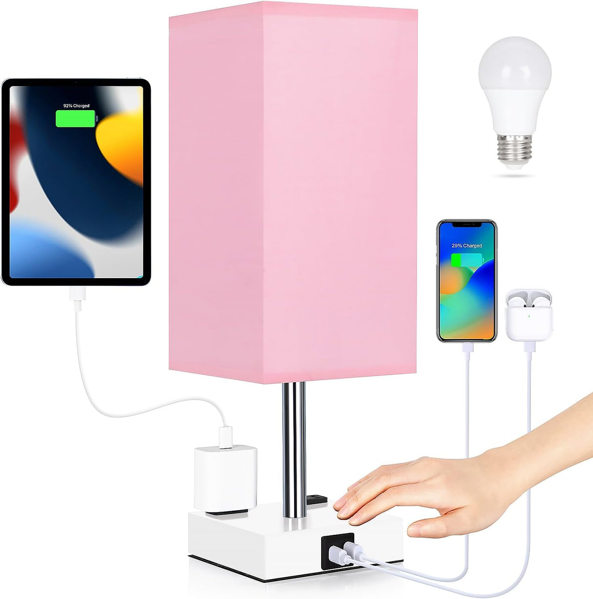 Bedside Lamp with USB Ports - Touch Control Table Lamp for Bedroom with USB C+A Charging Ports & AC Outlets, 3 Way Dimmable Nightstand Light with White Base for Living Room (LED Bulb Included, Pink)