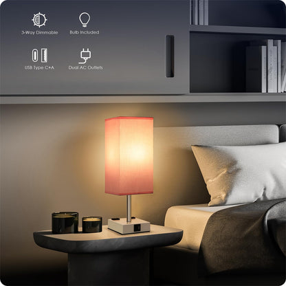 Bedside Lamp with USB Ports - Touch Control Table Lamp for Bedroom with USB C+A Charging Ports & AC Outlets, 3 Way Dimmable Nightstand Light with White Base for Living Room (LED Bulb Included, Pink)