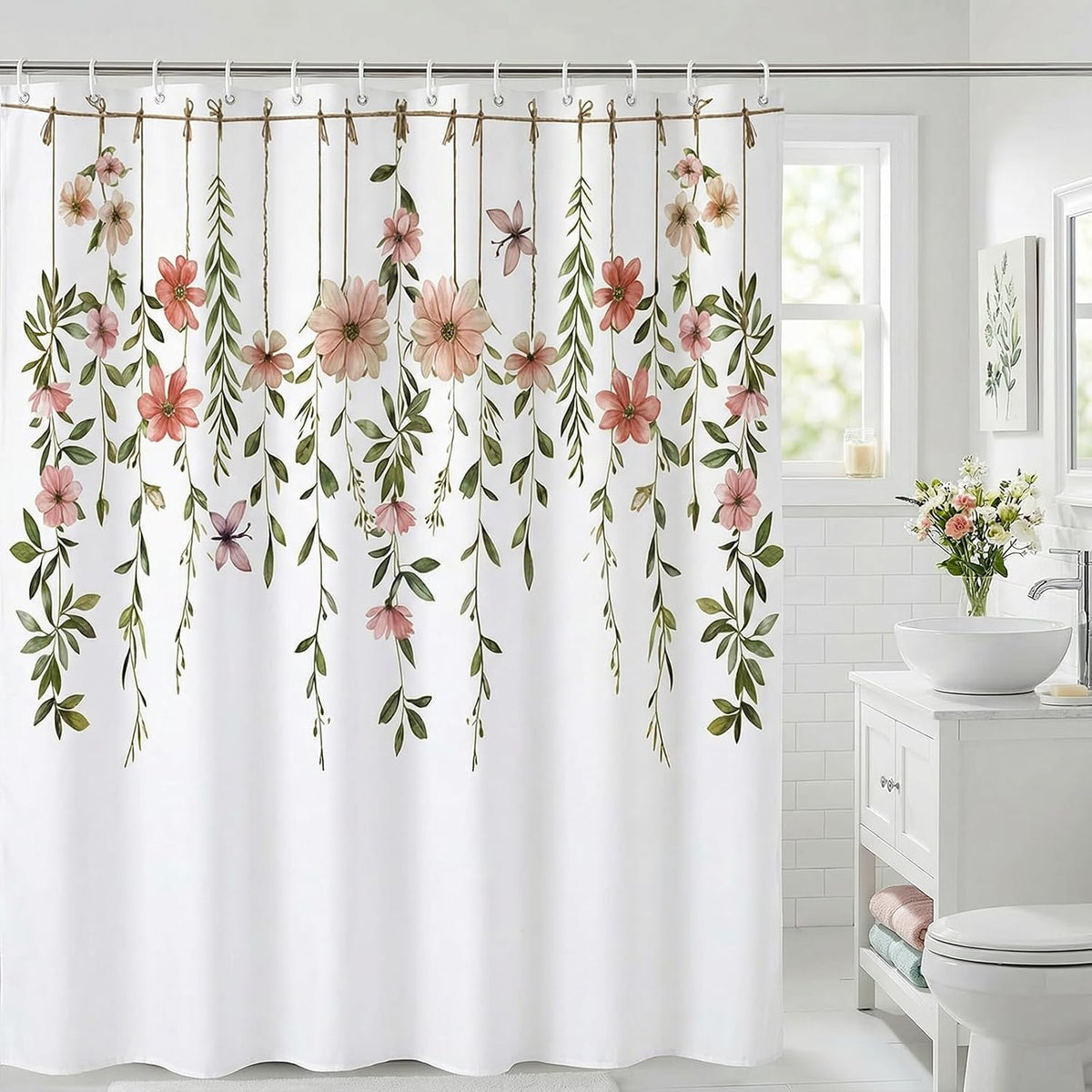 Garden Floral Leaves Shower Curtain Pink Flower Green Hanging Leaf Aesthetic Cottegecore Bathroom Curtains Waterproof Polyester Fabric Bath Curtain 72 x 72 Inch with 12 Hooks