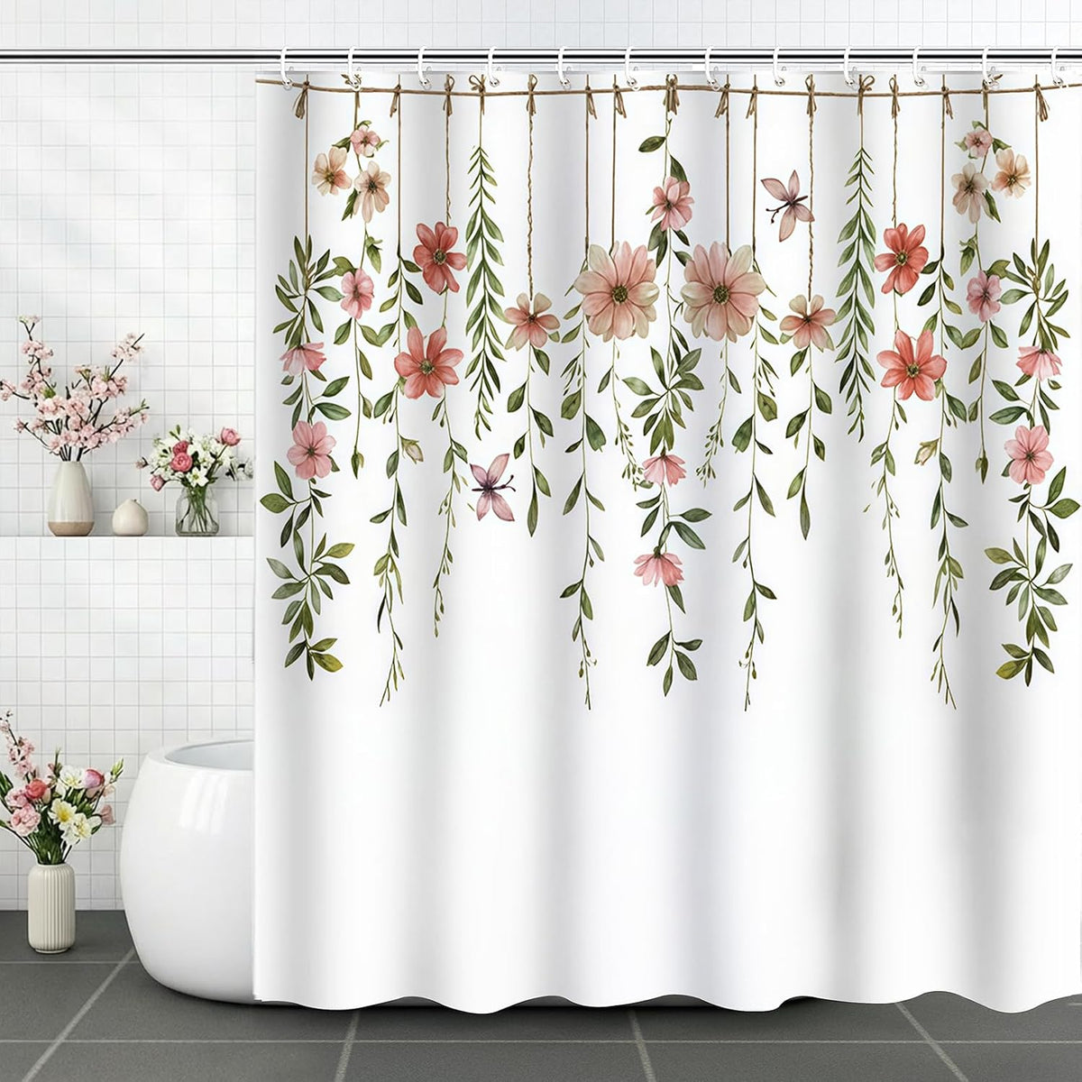 Garden Floral Leaves Shower Curtain Pink Flower Green Hanging Leaf Aesthetic Cottegecore Bathroom Curtains Waterproof Polyester Fabric Bath Curtain 72 x 72 Inch with 12 Hooks