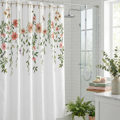 Garden Floral Leaves Shower Curtain Pink Flower Green Hanging Leaf Aesthetic Cottegecore Bathroom Curtains Waterproof Polyester Fabric Bath Curtain 72 x 72 Inch with 12 Hooks