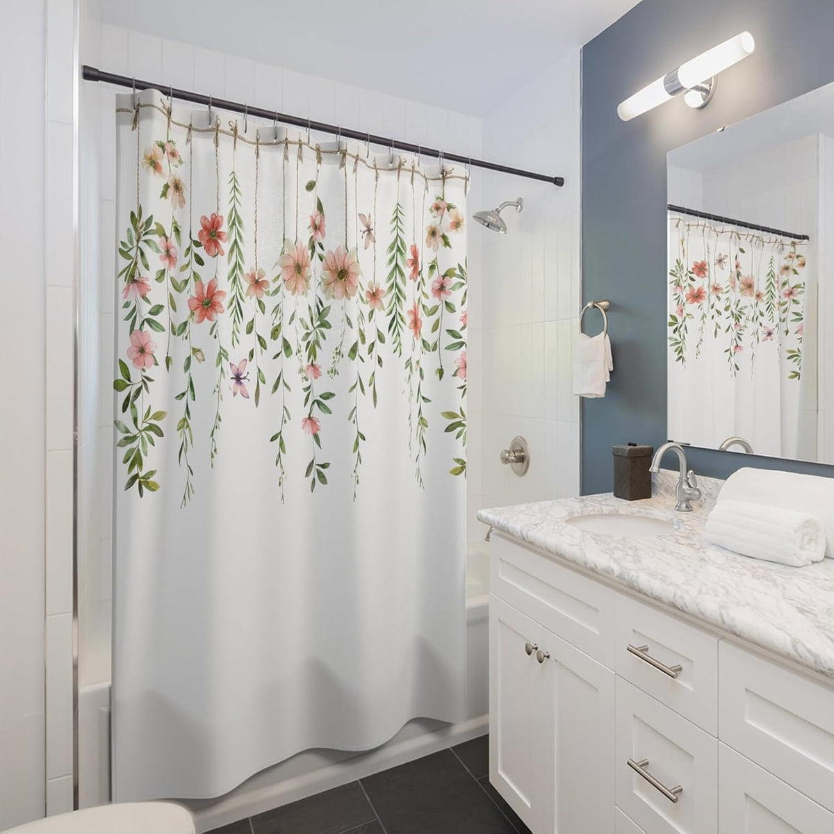 Garden Floral Leaves Shower Curtain Pink Flower Green Hanging Leaf Aesthetic Cottegecore Bathroom Curtains Waterproof Polyester Fabric Bath Curtain 72 x 72 Inch with 12 Hooks