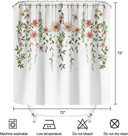 Garden Floral Leaves Shower Curtain Pink Flower Green Hanging Leaf Aesthetic Cottegecore Bathroom Curtains Waterproof Polyester Fabric Bath Curtain 72 x 72 Inch with 12 Hooks