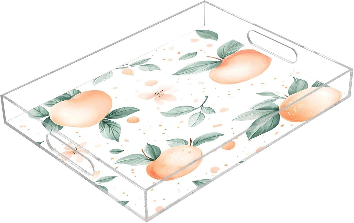 Peach Acrylic Serving Tray with Handles 12 x 16 Inch, Sturdy Spill-Proof & Non-Slip Decorative Tray for Kitchen Countertop, Bathroom Vanity Organizer, Ottoman Coffee Table