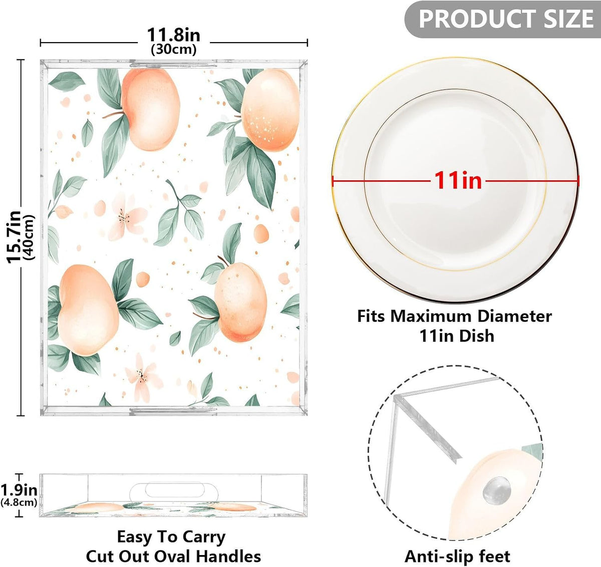 Peach Acrylic Serving Tray with Handles 12 x 16 Inch, Sturdy Spill-Proof & Non-Slip Decorative Tray for Kitchen Countertop, Bathroom Vanity Organizer, Ottoman Coffee Table