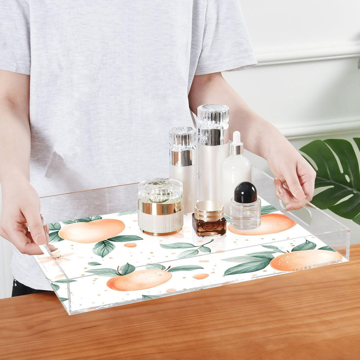 Peach Acrylic Serving Tray with Handles 12 x 16 Inch, Sturdy Spill-Proof & Non-Slip Decorative Tray for Kitchen Countertop, Bathroom Vanity Organizer, Ottoman Coffee Table