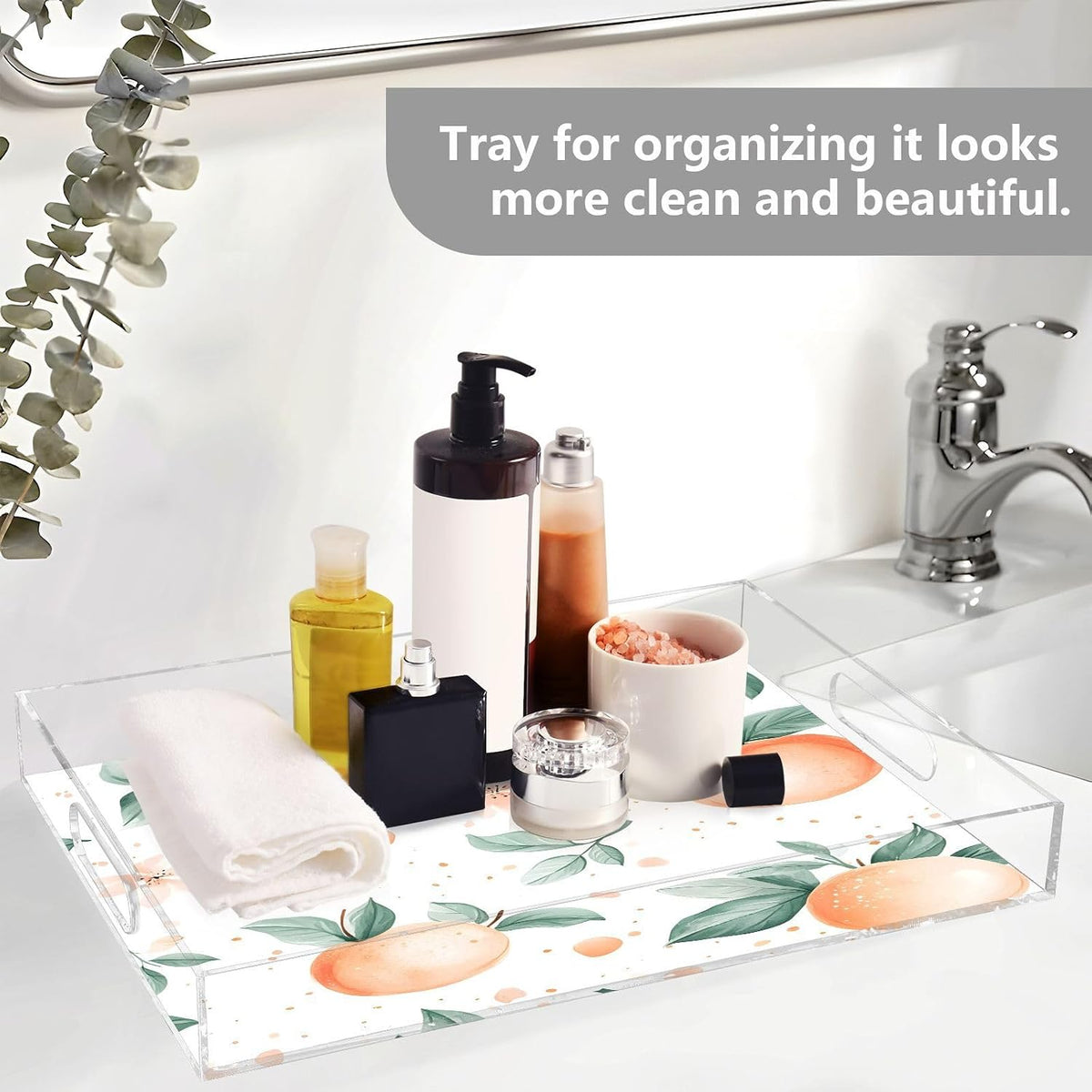 Peach Acrylic Serving Tray with Handles 12 x 16 Inch, Sturdy Spill-Proof & Non-Slip Decorative Tray for Kitchen Countertop, Bathroom Vanity Organizer, Ottoman Coffee Table