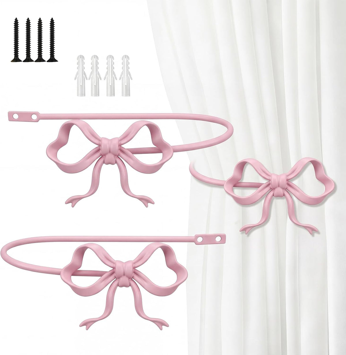 2 Pack Pink Metal Bow Curtain Holdbacks, Wall Mounted