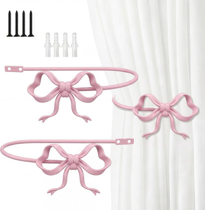 2 Pack Pink Metal Bow Curtain Holdbacks, Wall Mounted