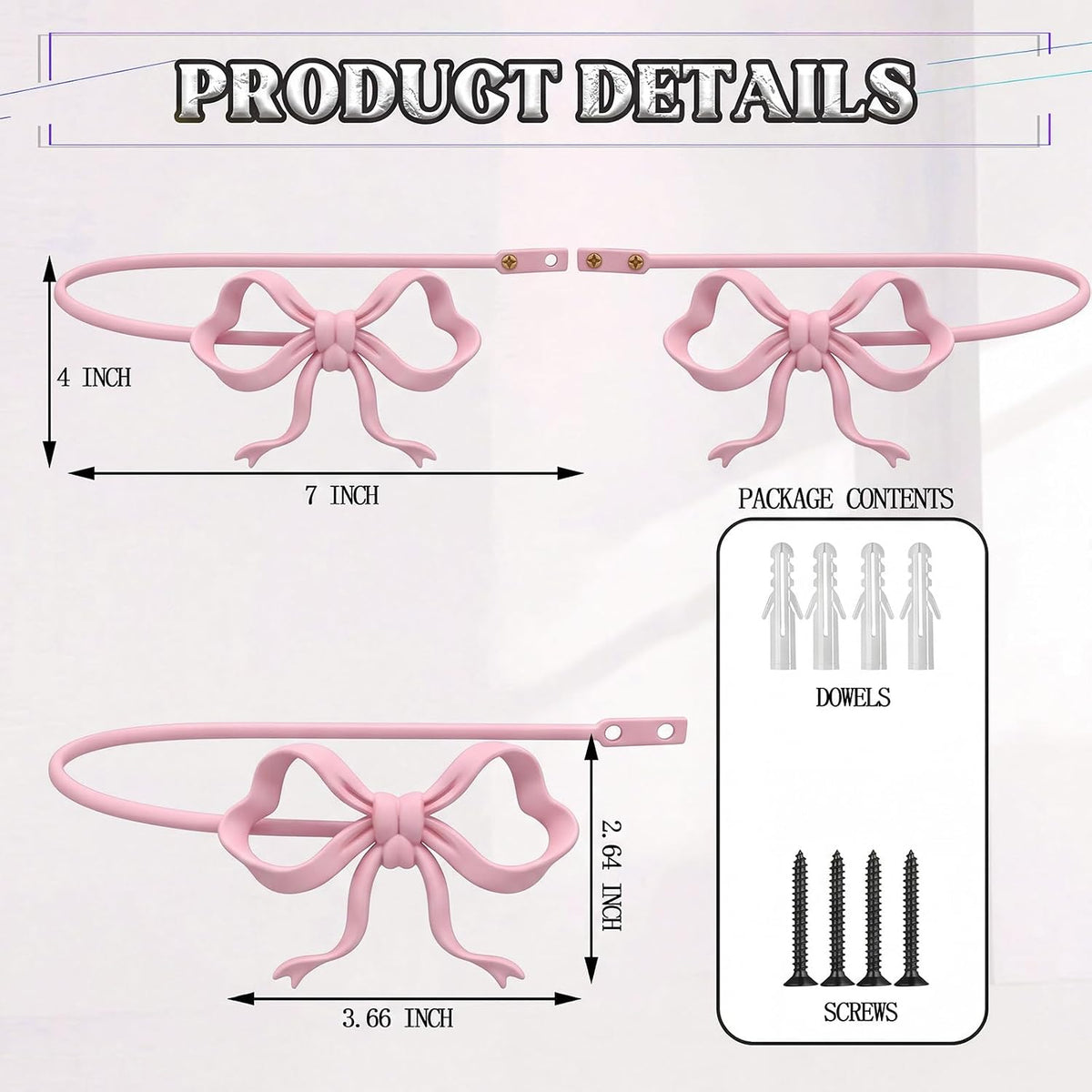 2 Pack Pink Metal Bow Curtain Holdbacks, Wall Mounted