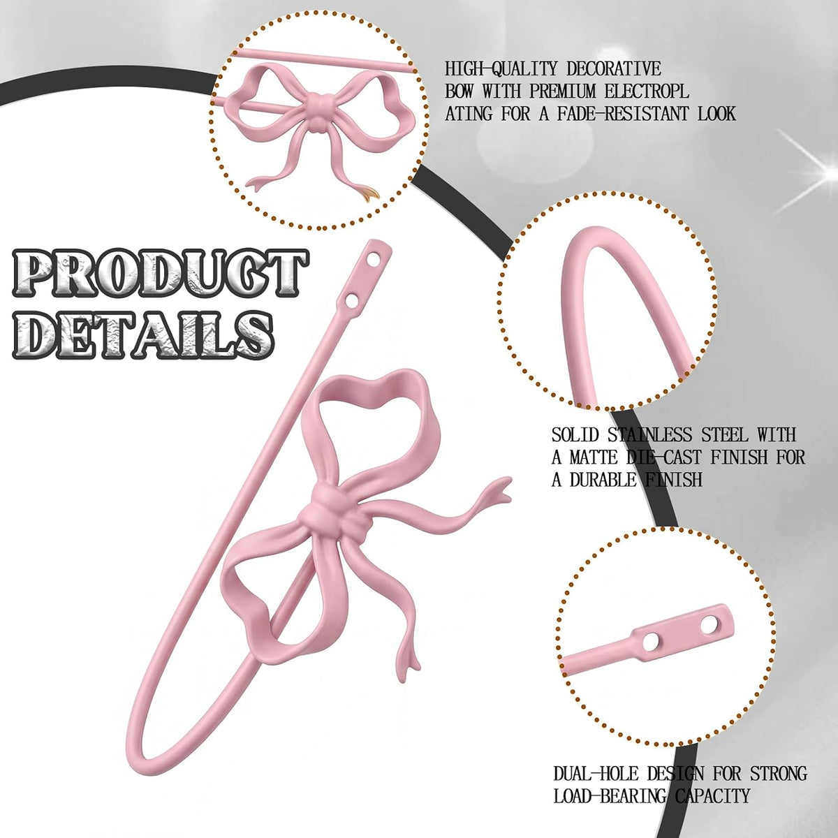 2 Pack Pink Metal Bow Curtain Holdbacks, Wall Mounted