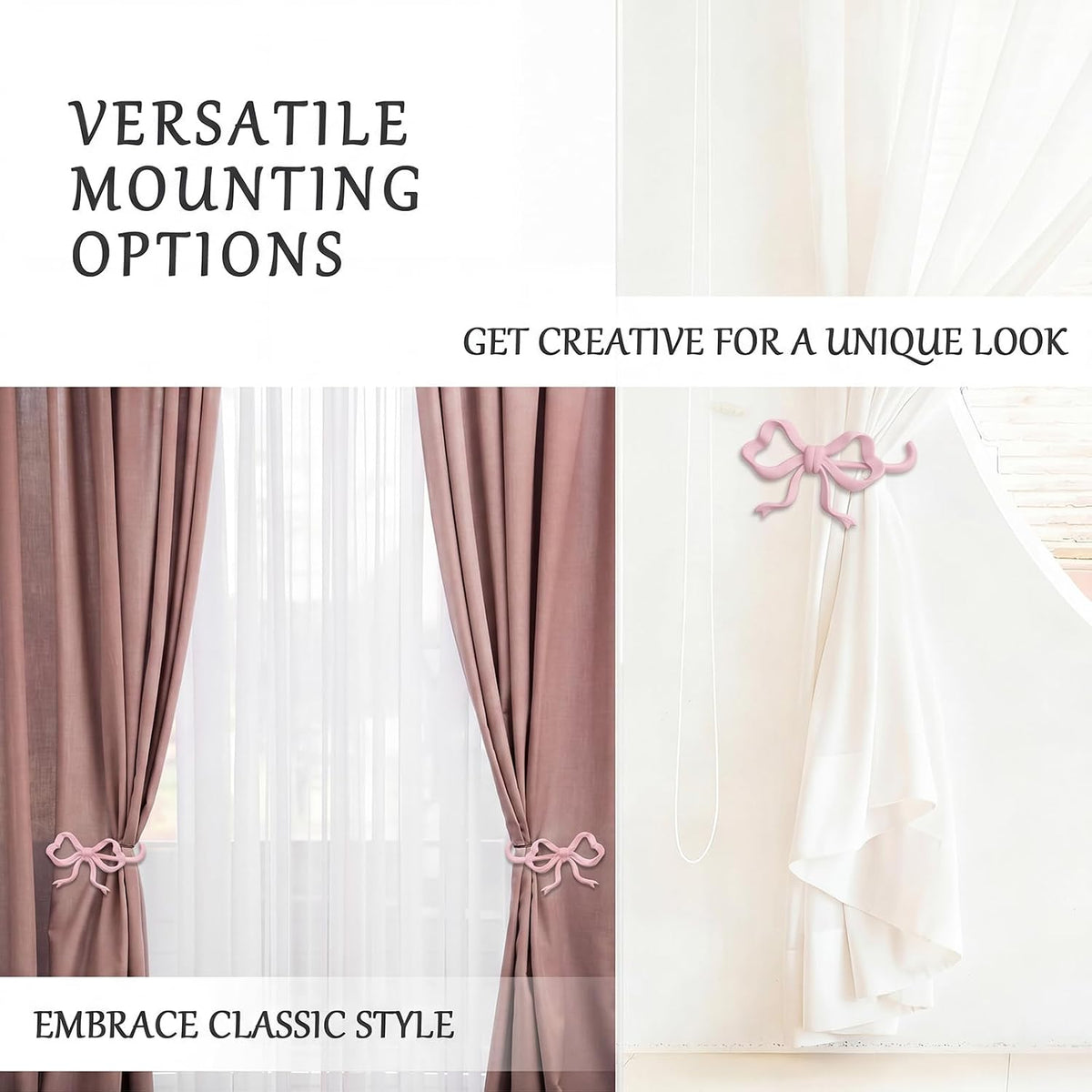 2 Pack Pink Metal Bow Curtain Holdbacks, Wall Mounted