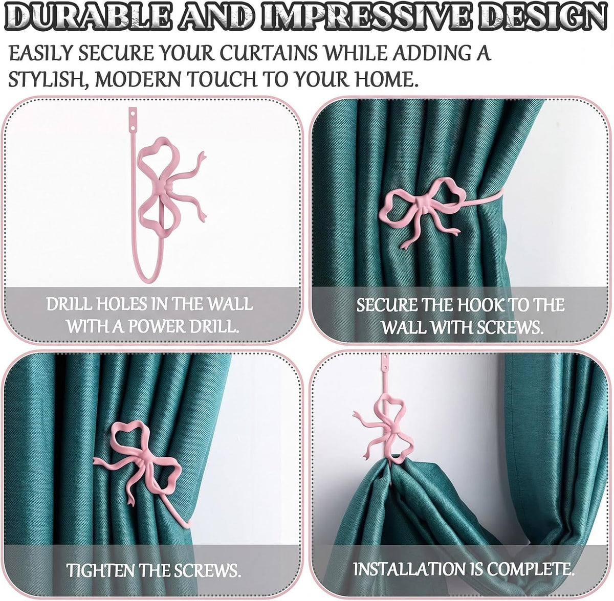 2 Pack Pink Metal Bow Curtain Holdbacks, Wall Mounted