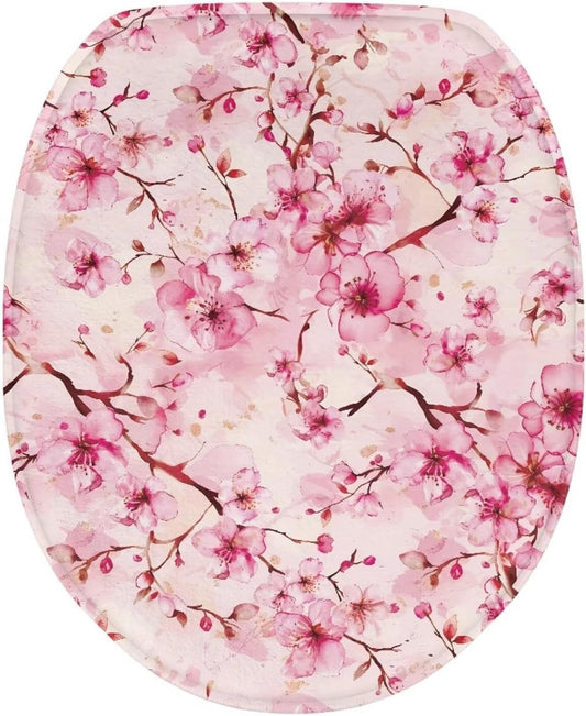 Cherry Blossom Toilet Seat Covers for Bathroom Pink Toilet Lid Cover Elongated Round Oblong Lids Toilet Cover Protector Soft Washable Toilet Seat Lid Cover